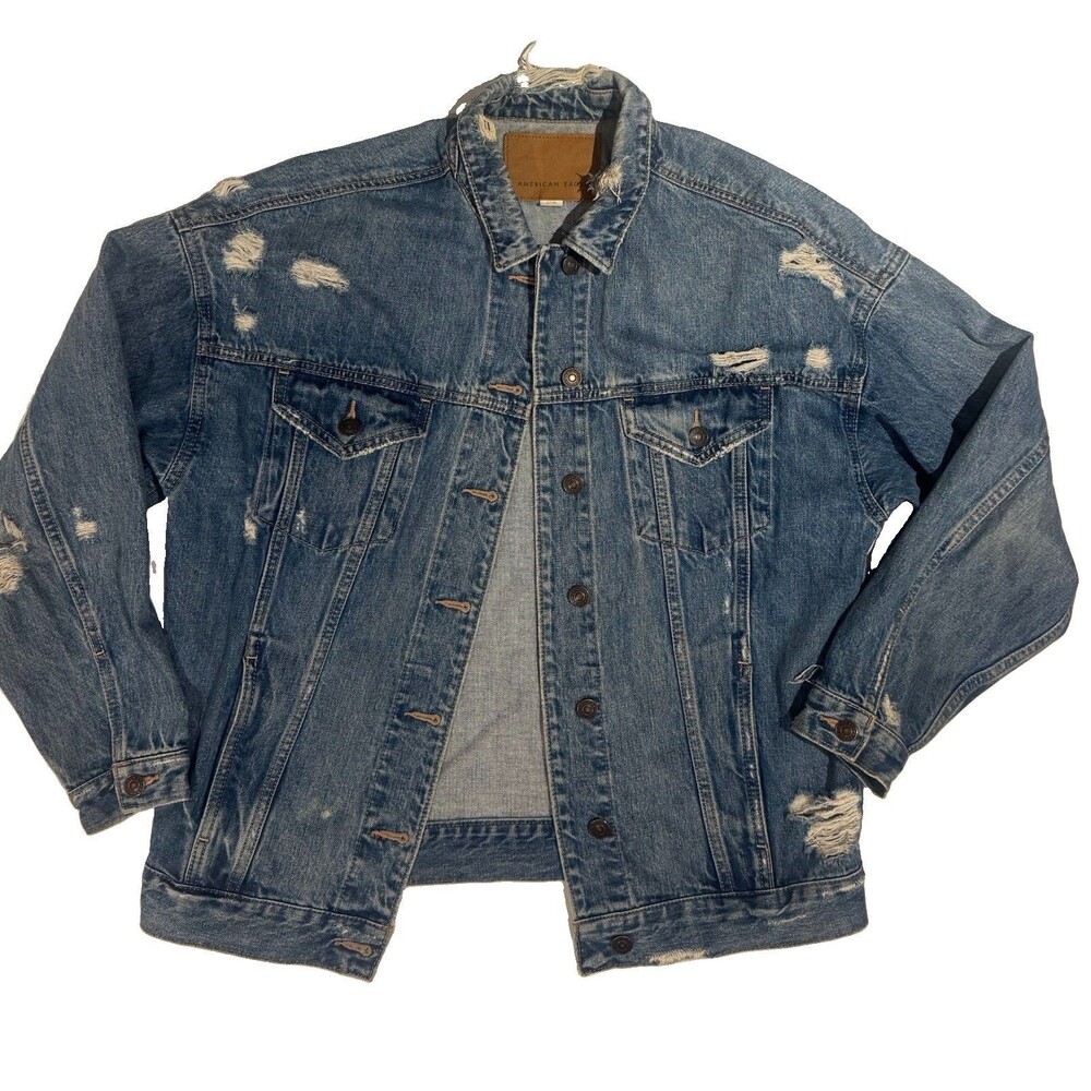 American Eagle Distressed Destroyed Denim Jean Jacket Sz Small Y2K Punk Preppy
